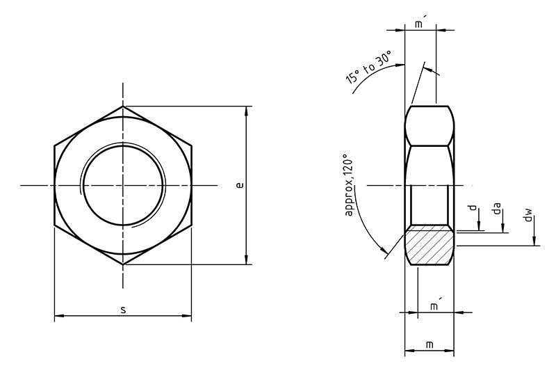 The upper portion of a hexagonal nut is chamfered at an angle of