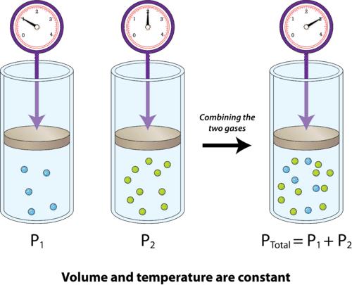 According to Dalton's law of partial pressures, (where <i>p<sub>b</sub></i> = Barometric pressure, <i>p<sub>a</sub></i> = Partial pressure of dry air, and <i>p<sub>v</sub></i> = Partial pressure of water vapour)