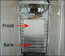 The formation of frost on cooling coils in a refrigerator