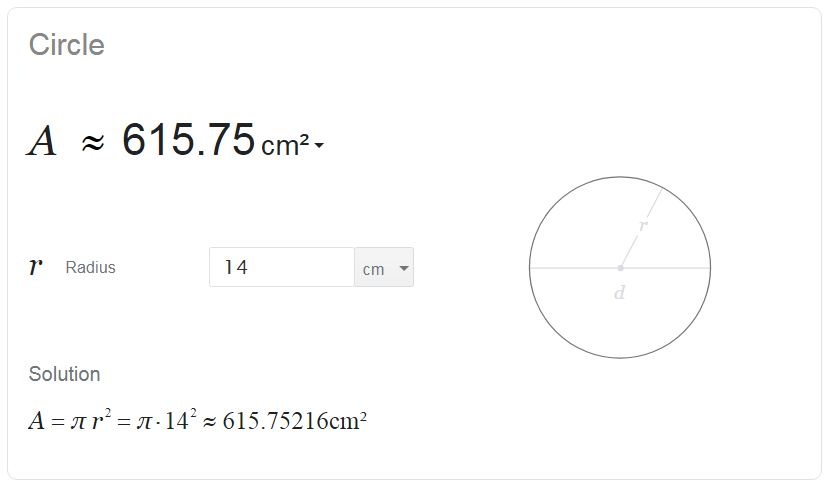 What is the area of a circular surface if the radius is 14 cm?