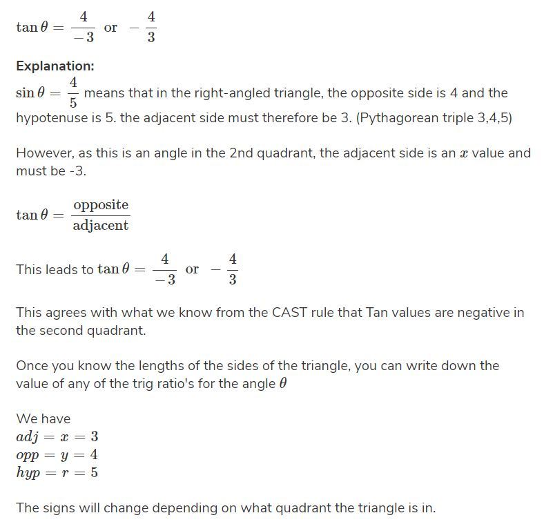 What is the value of tan θ  if sin θ = 4/5 ?