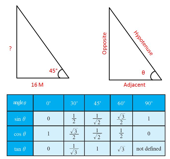 What is the height of the building if a ladder at 45 Degree touches the building placed 16 m from the base of the building?