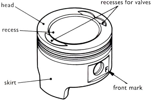 What is the name given to the crescent shaped cavity on the top surface of the piston head?